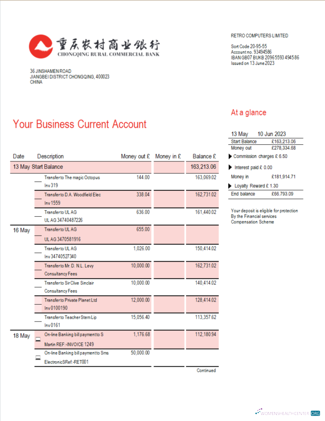Download Chongqing Rural Commercial Bank firm account statement Word and PDF template Photoshop template